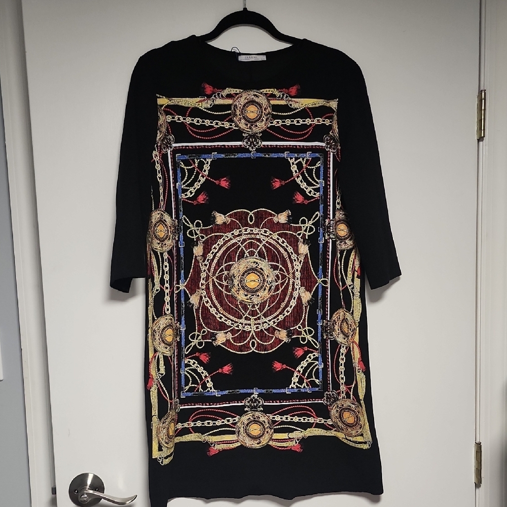 Zara Black Multi Color Geometric Pattern Sheath Dress with 3/4 Sleeves Size L